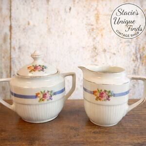 Vintage Germany Sugar Creamer Set Floral Blue Band Gold Trim Porcelain